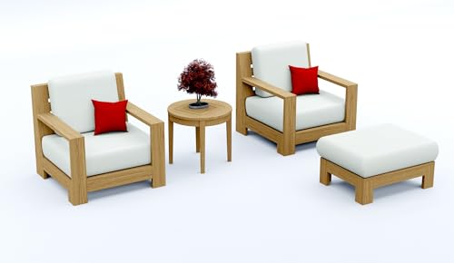 TeakStation 4 Pc Teak Wood Lounge Chair Set: 2 Lounge Chairs, Ottoman & Round Side Table with Cushions in Outdoor Sunbrella Fabric #5404 Canvas Natural