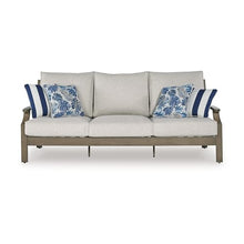 Benjara Inaya Outdoor Sofa, 4 Throw Pillows, Cream White, 89 Inch Brown Metal