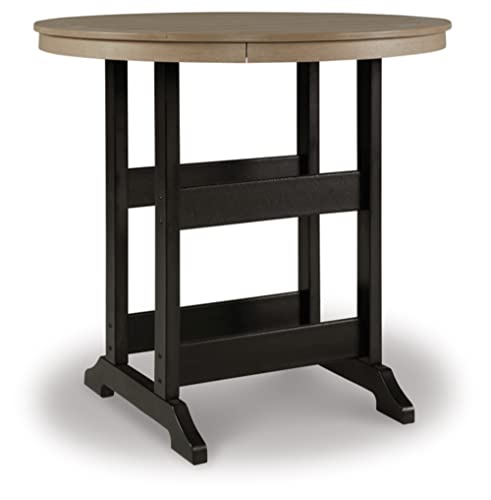 Signature Design by Ashley Fairen Trail Outdoor Bar Table, Durable Weather Resistant HDPE, with Umbrella Hole for Patio Dining, Black and Driftwood, 46 Inch Round