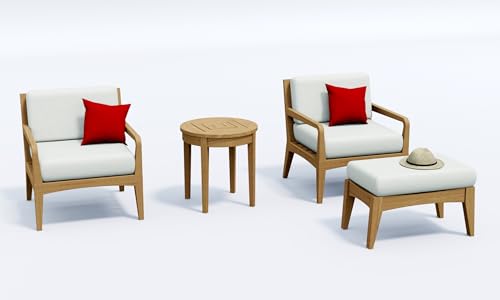 TeakStation 4 Pc Teak Wood Lounge Chair Set: 2 Lounge Chairs, Ottoman & Round Side Table with Cushions in Outdoor Sunbrella Fabric #5404 Canvas Natural