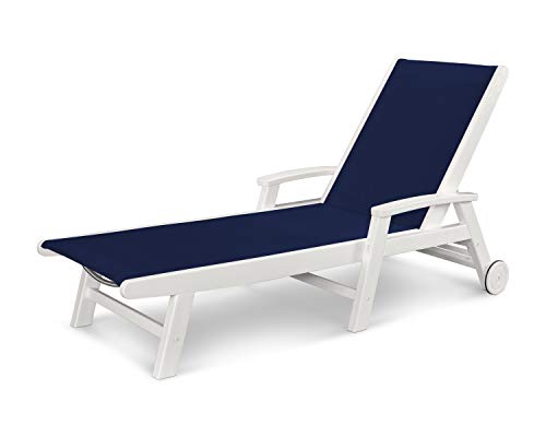 Polywood® Coastal Chaise with Wheels in White/Navy Blue Sling