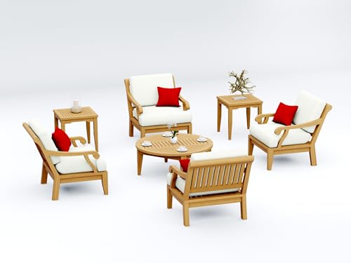 WholesaleTeakFurniture Sack 7 Piece Teak Wood Lounge Chair Set: 4 Lounge Chairs, Round Coffee Table & 2 Side Tables with Cushions in Outdoor Sunbrella Fabric #5404 Canvas Natural
