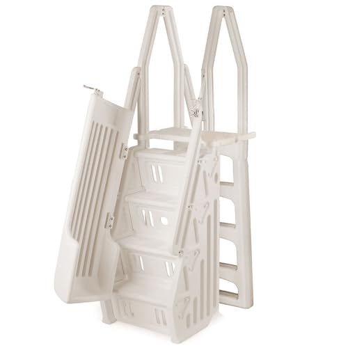 Vinyl Works Model CE Swimming Pool Step Ladder Entry System for Above Ground Swimming Pools with Self-Closing Gate | Accommodates Pools 48" to 56" in Height | Taupe