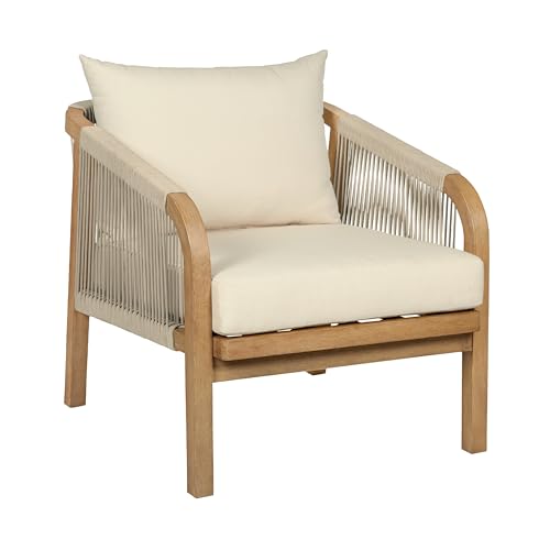 Benzara Ann 32 Inch Outdoor Accent Chair, Brown Eucalyptus, Rope, Ivory Olefin