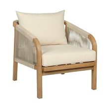 Benzara Ann 32 Inch Outdoor Accent Chair, Brown Eucalyptus, Rope, Ivory Olefin