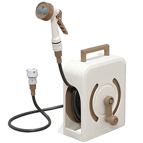 JKSVTF Hose Reel Cart Water Hose Cart Reel Compact Garden Hose Organizer, Portable Retractable Hose Reel, Household Car Wash Tool with Water Gun, for Backyard (Beige Hose Cart+10m Pipe)