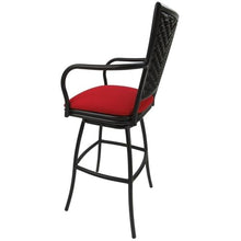 Pemberly Row Outdoor/Indoor Pub Set, 36 in Round Table, 42 in Height, 30 in Bar Height Stools with Arms, UV Powder-Coated Black Frame, Red Linen Fabric, Durable for Patio or Bar Use