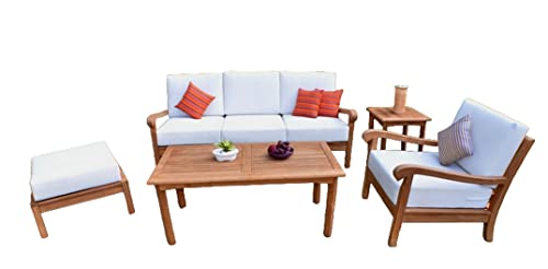 WholesaleTeak Napa 5 Pc Sofa Set: Sofa, Lounge Chair, Ottoman, Coffee Table & Side Table with Cushions in Sunbrella Fabric #57003 Canvas White #12NP5