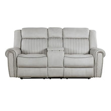 Ben Power Reclining Loveseat, 76 Inch, Gray Microfiber, Nailhead Trims