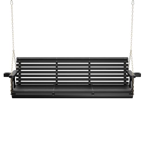 Amish Casual Heavy Duty 700 Lb Capacity Porch Swing with Cup Holders (6 Foot, Semi-Solid Black Stain) – Wooden Outdoor Roll Back Swing with Hanging Chains – Amish Made in the USA