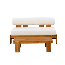 Merax 2 Piece Patio Loveseat & Coffee Table Set with Acacia Wood Frame, Waterproof Cushions & Round Backrest for Garden, Deck & Balcony, Beige+Teak