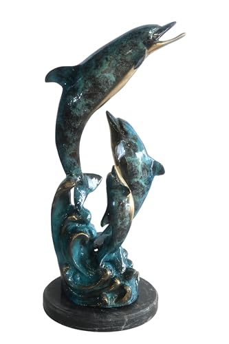 Nifao Triple Dolphin, Marine, Marble Small Bronze Statue, 10"L x 9"W x 19"H
