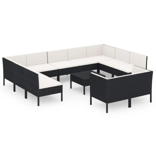 LDEWOAMEG 12 Piece Patio Lounge Set with Cushions Poly Rattan Black