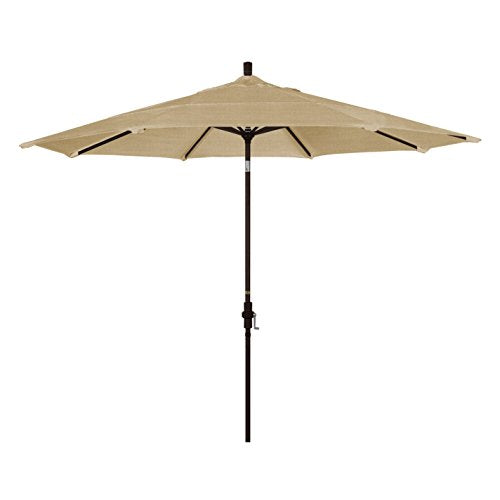 California Umbrella 11' Round Aluminum Market Patio Umbrella Crank Lift Collar Tilt Bronze Pole Linen Sesame