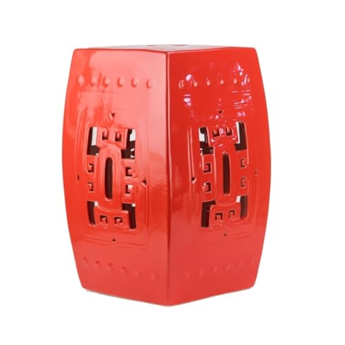 LINKIO Garden Stool Decorative Garden Stool, Ceramic Square Stool, Red Glaze, Hollowed Out Design Ottomans