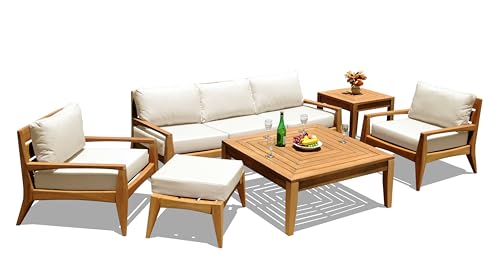 TeakStation Noida 6 Piece Teak Lounge Sofa Set - 3 Seater Sofa, 2 Lounge Chairs, 1 Ottoman, 1 Square Coffee Table and 1 End Table - Furniture only #TSSSNO