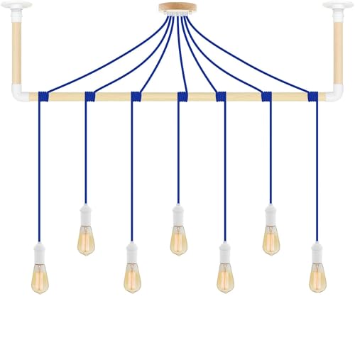 Natural Wood and White Pendant Light Pipe Wrap - Blue and White Pendant Lights with Hanging Pipe Bracket - Hangout Lighting - 7 Pendants