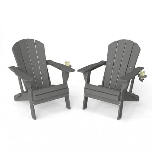 HGTRH Folding Adirondack Chairs Set of 2, Portable HDPE Outdoor Patio Chair with Wooden Textured & Cup Holder, Weather Resistant, Capacity for Pool, Backyard, Balcony, Fire Pit Grey