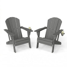 HGTRH Folding Adirondack Chairs Set of 2, Portable HDPE Outdoor Patio Chair with Wooden Textured & Cup Holder, Weather Resistant, Capacity for Pool, Backyard, Balcony, Fire Pit Grey