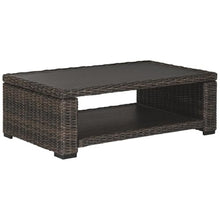 BOWERY HILL Patio Coffee Table, 48 in x 30 in x 16 in, Aluminum Frame with Resin Wicker Base, Brown Finish, Outdoor Coffee Table with Lower Shelf, Weather-Resistant for Patio or Garden Use