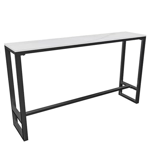 Modern Tall Bar Table with Faux Marble Top & Metal Frame, Long Narrow Rectangular Dining Table with Footrest for 2-8 People, Space-Saving Kitchen Counter White Black 70.8W x 15.7D x 41.3H
