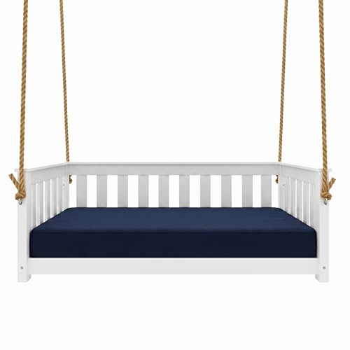 East Green Beckett Poly Composite White Daybed Swing with Navy Cushion - HDPE Porch Swing Bed, Weather-Resistant