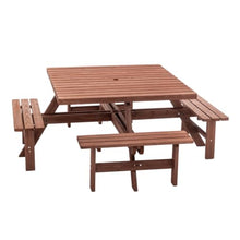 Hassyee Outdoor Picnic Table and Build-in Benches Set with Umbrella Hole for Poolside, Garden, Park, Wooden Furniture Set with Slatted Design and Metal Frame for Backyard, Deck (Square Table -Brown)
