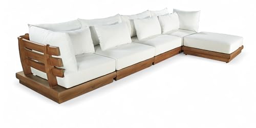 Meridian Furniture 111White-Sec5A Mirella Collection Modern | Contemporary Outdoor Patio L-Shaped 5pc. Modular Sectional with Solid Teak Frame, Water Resistant Fabric, 150" W x 75" D x 27" H, White