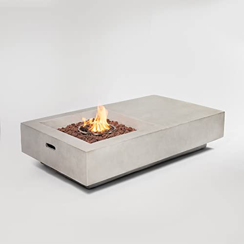 Rectangular Propane Fire Pit Table, 50000 BTU Outdoor Gas Fireplace, Concrete Patio Centerpiece Featuring Stainless Steel Burner, Electronic Ignition, Lava Rocks, Rain Cover, Backyard Deck Heater