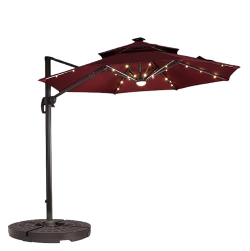 CWENZXDIA Patio Umbrella 8.2ft Cantilever Umbrella with Base and Solar LED Lights Tilting for Outdoor Garden Outdoor