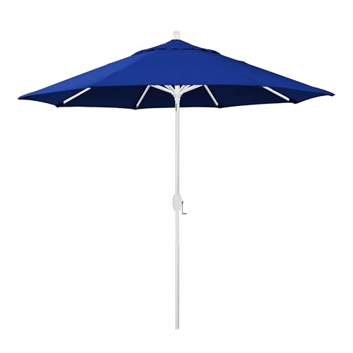 California Umbrella 12-Year-Non-Fading, 9Ft Premium Sunbrella Patio Umbrella, Hand-Crank, Button-Tilt, White Frame, True Blue Fabric