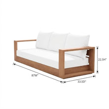 Outdoor Escape White Fabric Outdoor Sofa, Contemporary Style, Cushioned Seat with Pillow, Teak Finish, Spacious 87-Inch Width