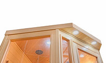 Heat Wave 3 Person Sauna Corner Fitting Infrared FIR FAR 7 Carbon Heaters Hemlock Wood MP3 Player 2 Speakers Color Therapy Light LED Control Panel Wood