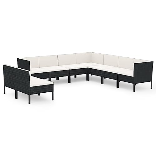 LKJephalotrope 9 Piece Patio Lounge Set, Black PE Rattan Outdoor Sectional Sofa with Cream White Cushions, Modular Garden Furniture Conversation Set for Backyard and Porch