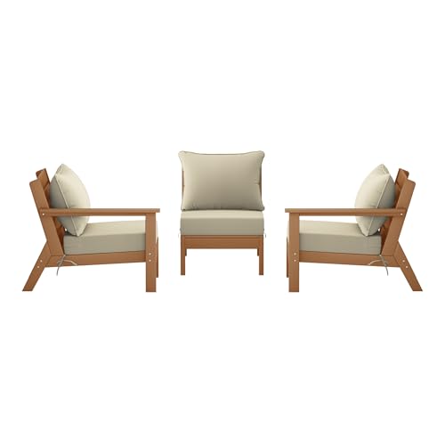 Costaelm Portsmouth Outdoor Patio HDPE Sectional Sofa with Deep Seating Patio Cushions, Teak/Beige