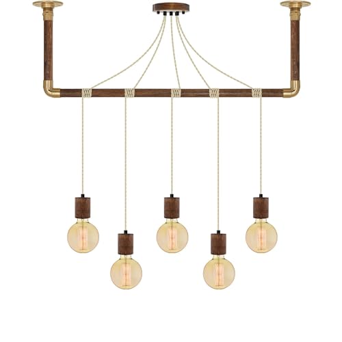 Beige and Wood Pendant Light Pipe Wrap with Brown Wood and Brass Ceiling Bracket - Hangout Lighting - 5 Pendants