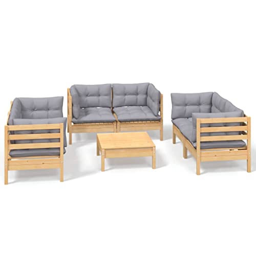 Heofavd 7 Piece Garden Lounge Set Grey Solid Pine Wood Modular Patio Furniture Set with Cushions, 6 Seater Outdoor Sectional Furniture for Patio Balcony Conservatory