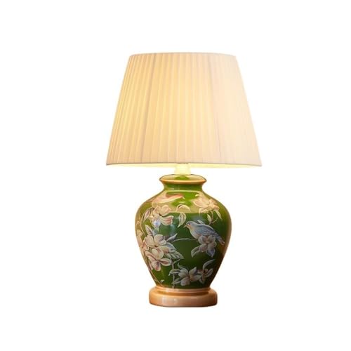 WOAITIANTIAN Desk Lamps Painted Ceramic Desk Lamp, Flower Bird Bedside Table Light(Dark Green)