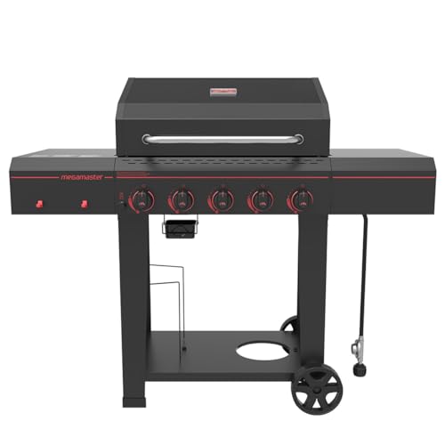 Megamaster Cart 5 Burner Gas Grill, Side Tables with Accessory Hooks, Black