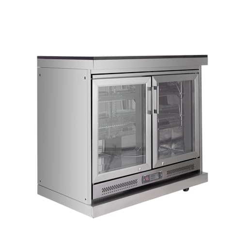 Outdoor Kitchen Island Double Door Beverage Fridge Granite Countertop 68L Undercounter Refrigerator Cabinet Mobile Bar Cooler Removable Shelves Precise Temperature Control Storage Station (Silver)
