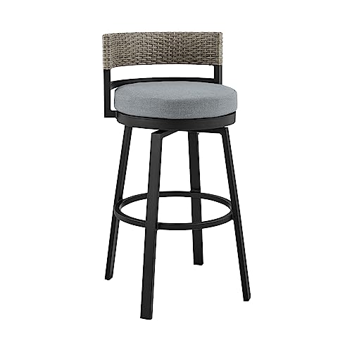 Armen Living Encinitas Outdoor Patio Counter Height Swivel Bar Stool in Aluminum and Wicker with Grey Cushions