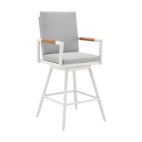 Armen Living Crown Outdoor Patio Swivel Counter Stool in White Aluminum with Wood Accent and Light Gray Cushions