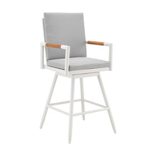 Armen Living Crown Outdoor Patio Swivel Counter Stool in White Aluminum with Wood Accent and Light Gray Cushions