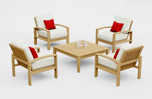 WholesaleTeakFurniture Madras 5 Piece Teak Wood Lounge Chair Set: 4 Lounge Chairs & Square Coffee Table with Cushions in Outdoor Sunbrella Fabric #5404 Canvas Natural