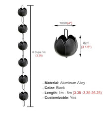 WhamtL Flower Rain Chain Waterfall Water Diverter, Metal Non Rusting Rain Chain Chime Eaves Drainage, Hanging Rain Gutter Chains Outside Decoration(Black,6.5m (21.3ft))
