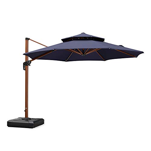 PURPLE LEAF Patio Umbrella 11ft Double Top Wood-Grain Finish, Navy Blue