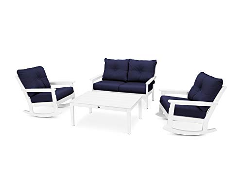 Polywood® Vineyard 4-Piece Deep Seating Rocking Chair Set in White/Navy
