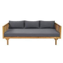 Christopher Knight Home Claremont Outdoor 3 Seater Acacia Wood Daybed with Fabric Water Resistant and Removable Cushions, Patio Garden Sofa with Slat Paneling Armrest and Back, Teak and Dark Grey