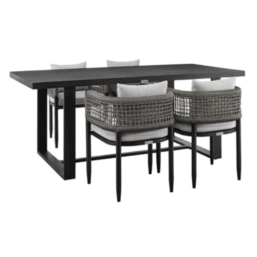 Armen Living Alegria Outdoor Patio 5-Piece Dining Table Set in Aluminum with Grey Rope and Cushions