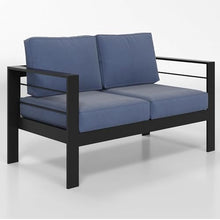 Seeheool 50" All-Weather Aluminum Patio Loveseat with Thick Blue Cushions & Black Frame